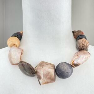 Vintage Boho Shell Wood Beaded Necklace Chunky Statement Natural Tribal Beachy